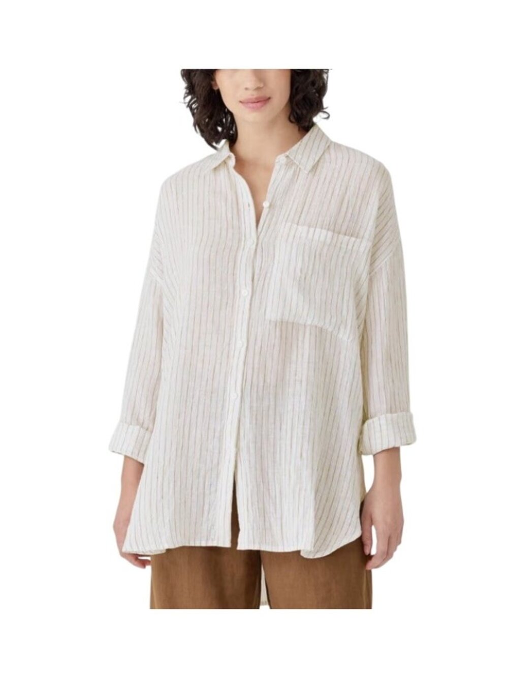 EILEEN FISHER Puckered Organic Linen Stripe Classic Collar Shirt Womens Size 2X